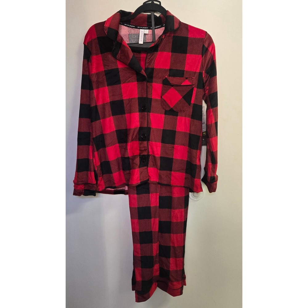 Joyspun Red Black Buffalo Plaid Pajama Set Notch Collar Women Small 4-6 NEW